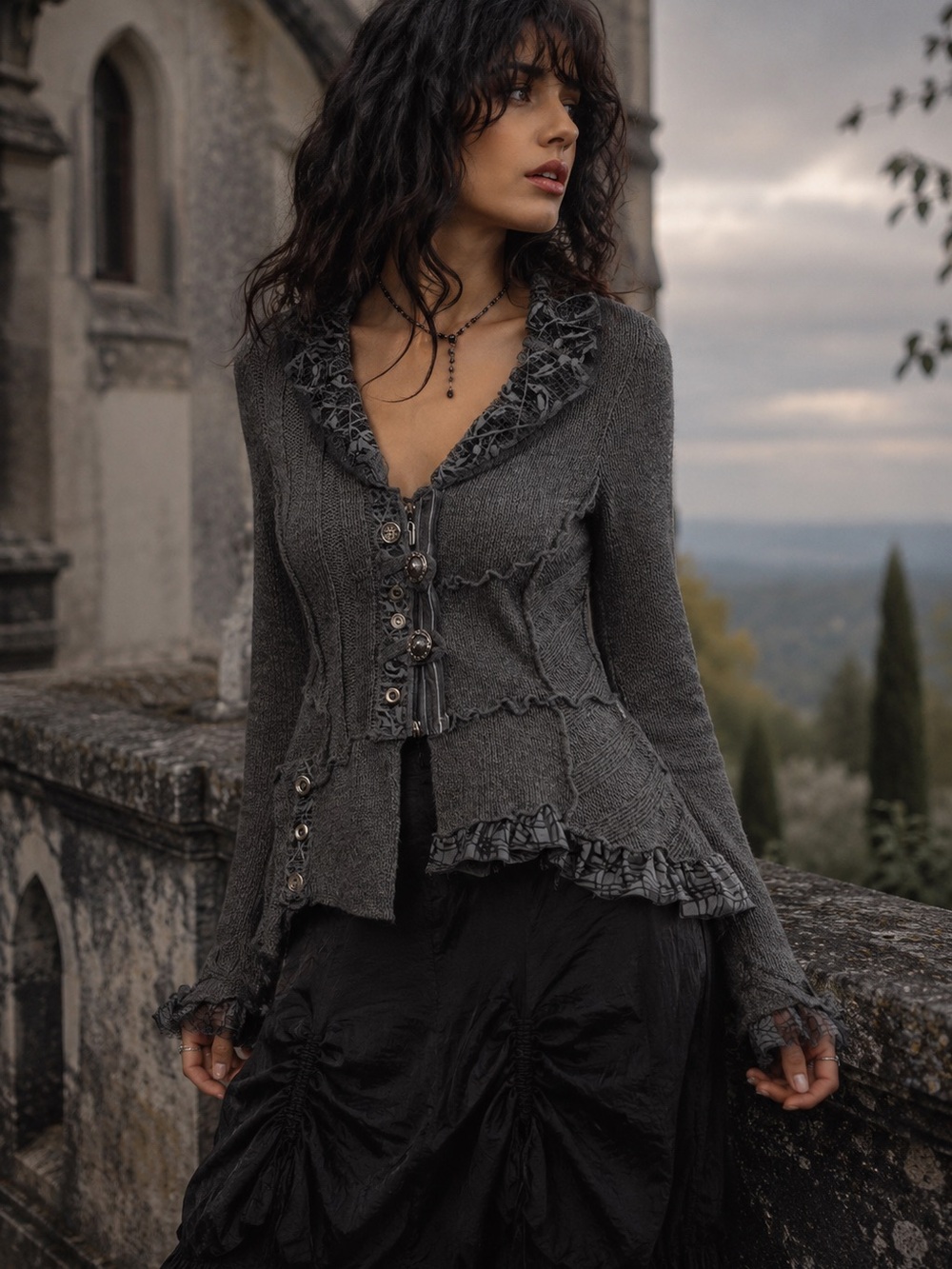 Crisca Escada Grey Knit Jacket Ruffle Trim Small Victorian Whimsigoth Boho Chic